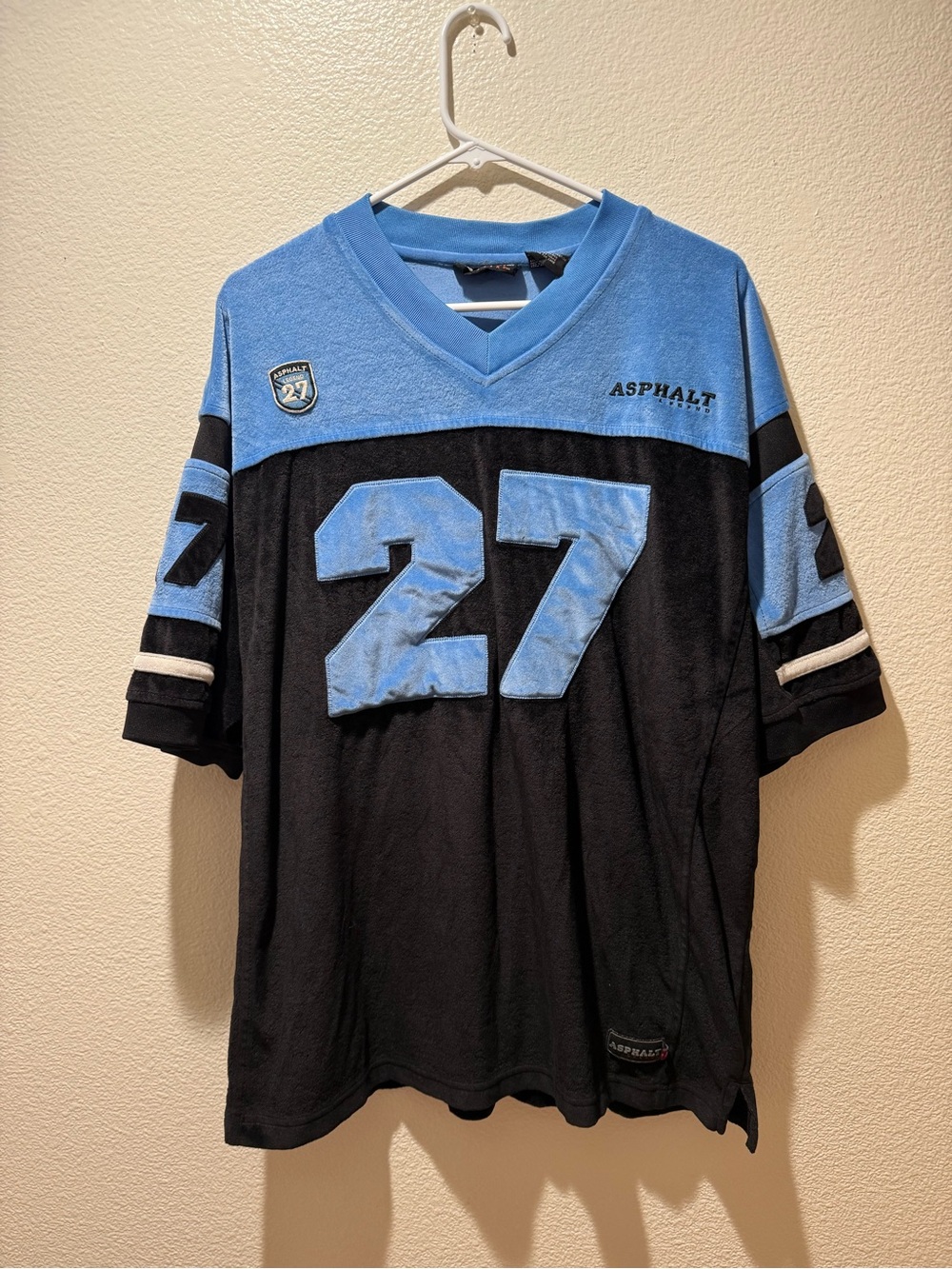 Asphalt Y2K Black & Light Blue V-Neck Football Jersey with #27